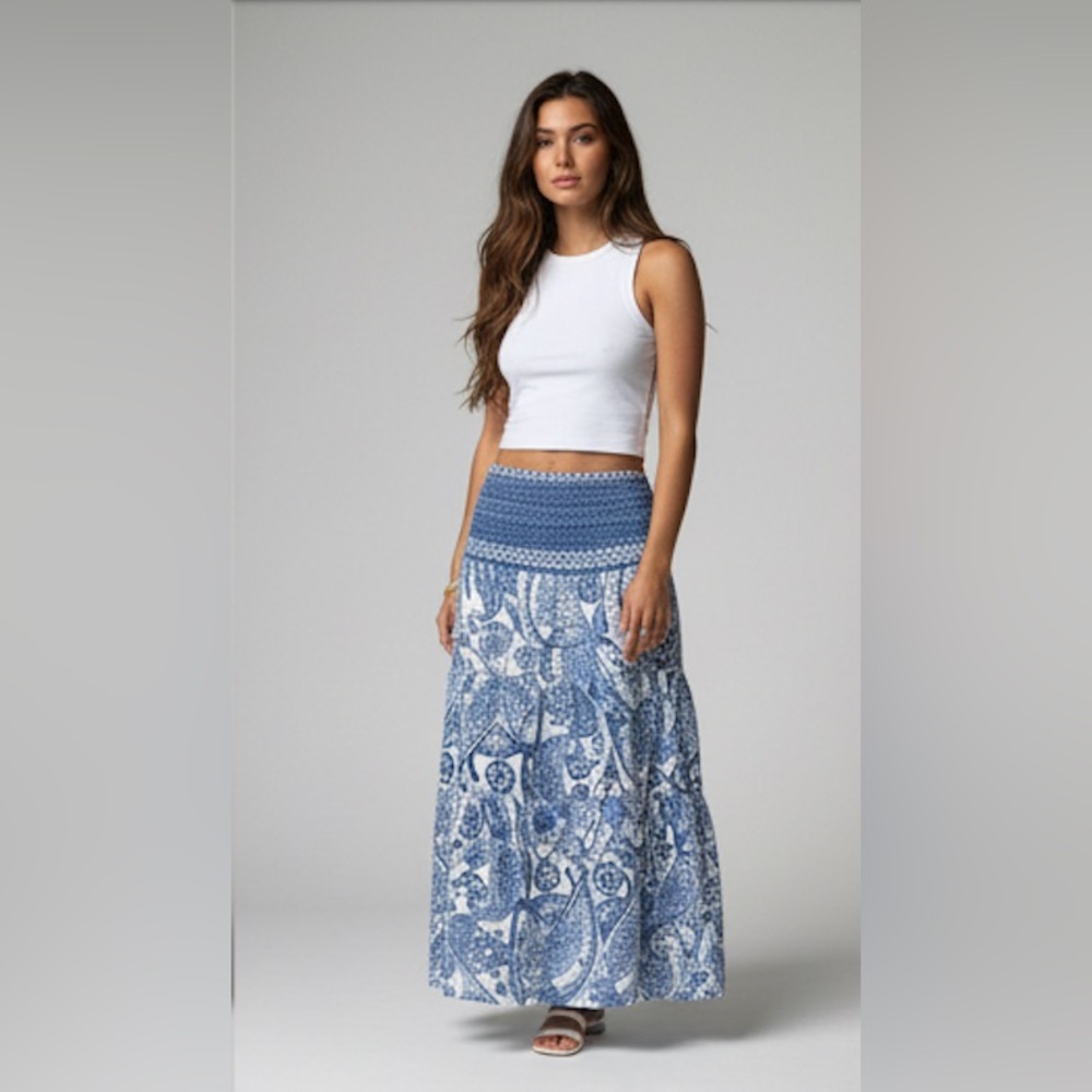 Bohemian Print Long Flared Shirred Skirt Blue - Picture 2 of 10